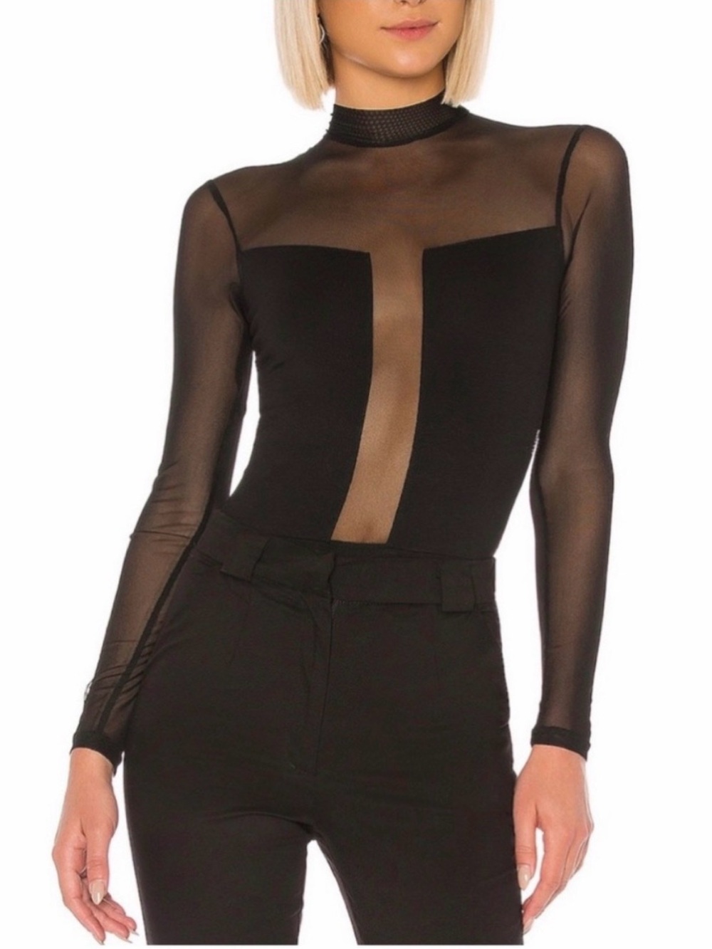 SUPERDOWN Super Sexy Sunnie Long Sleeve Mock Neck Mesh Bodysuit - Black - Sz S